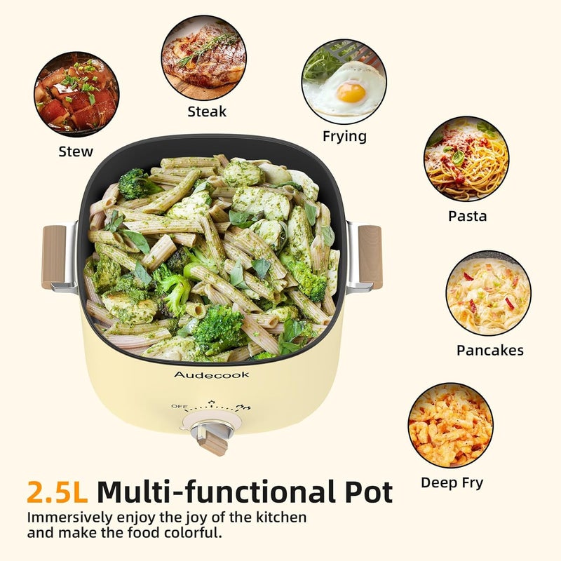 Audecook Hot Pot Electric, 2.5L Portable Nonstick Multicooker for 1-3 Persons, Honeycomb Texture Travel Electric Skillet with Dual Power Temperature Control for Steak/Egg/Noodles/Oatmeal (Beige) - Image 2